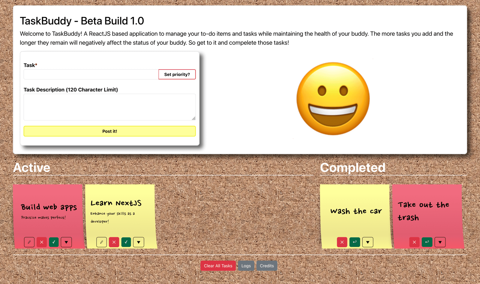 Screenshot of Task Buddy demo, a ReactJS application developed by theslimdev